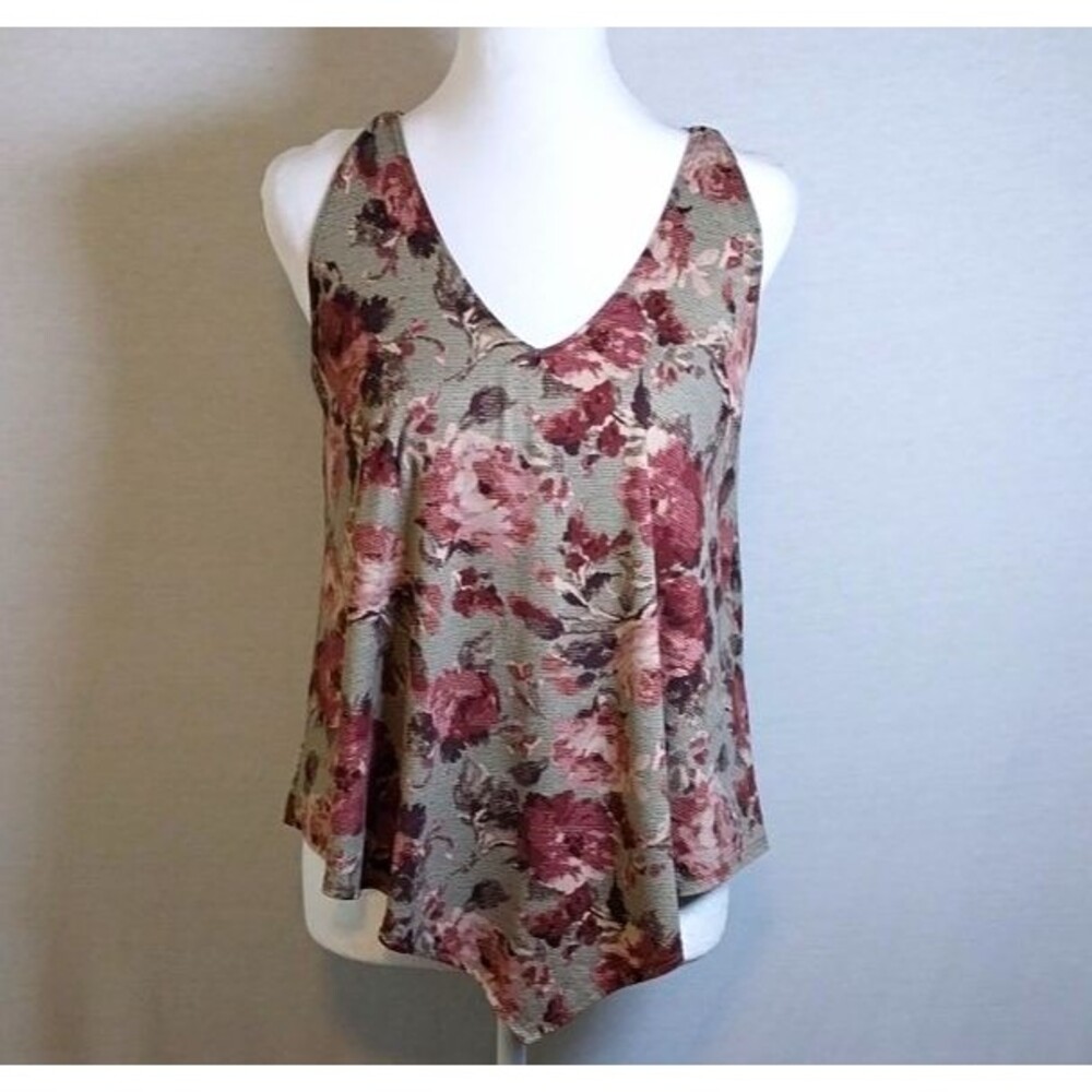 First Love Womens Floral V Neck Textured Knit Tank Top Sage Green Burgundy Small